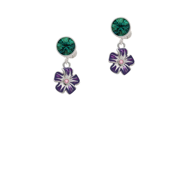 Purple and White African Violet Flower with Pink Crystal Crystal Clip On Earrings Image 1