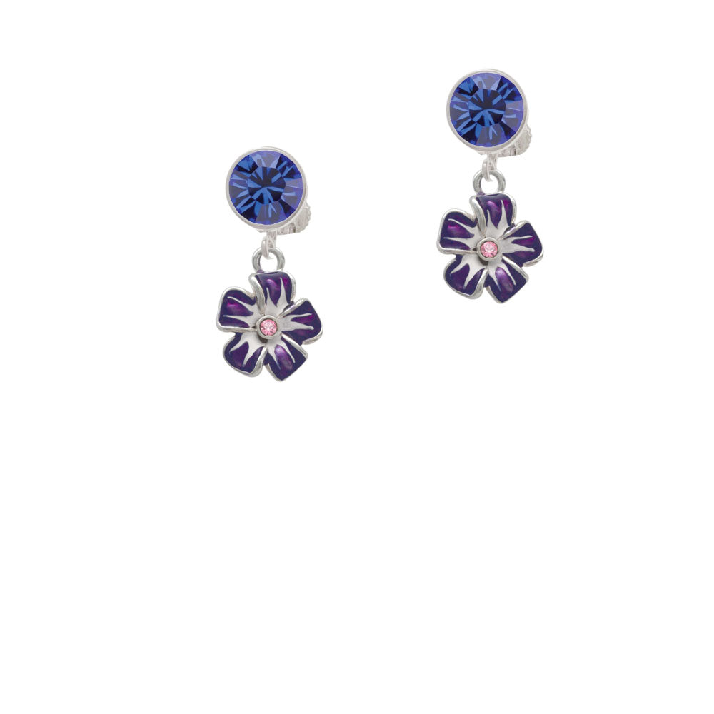 Purple and White African Violet Flower with Pink Crystal Crystal Clip On Earrings Image 7