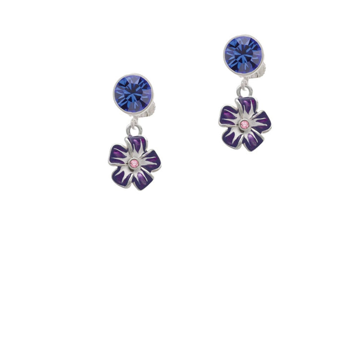 Purple and White African Violet Flower with Pink Crystal Crystal Clip On Earrings Image 1