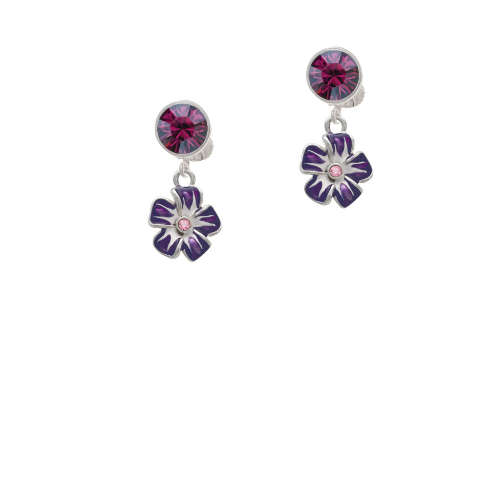 Purple and White African Violet Flower with Pink Crystal Crystal Clip On Earrings Image 8