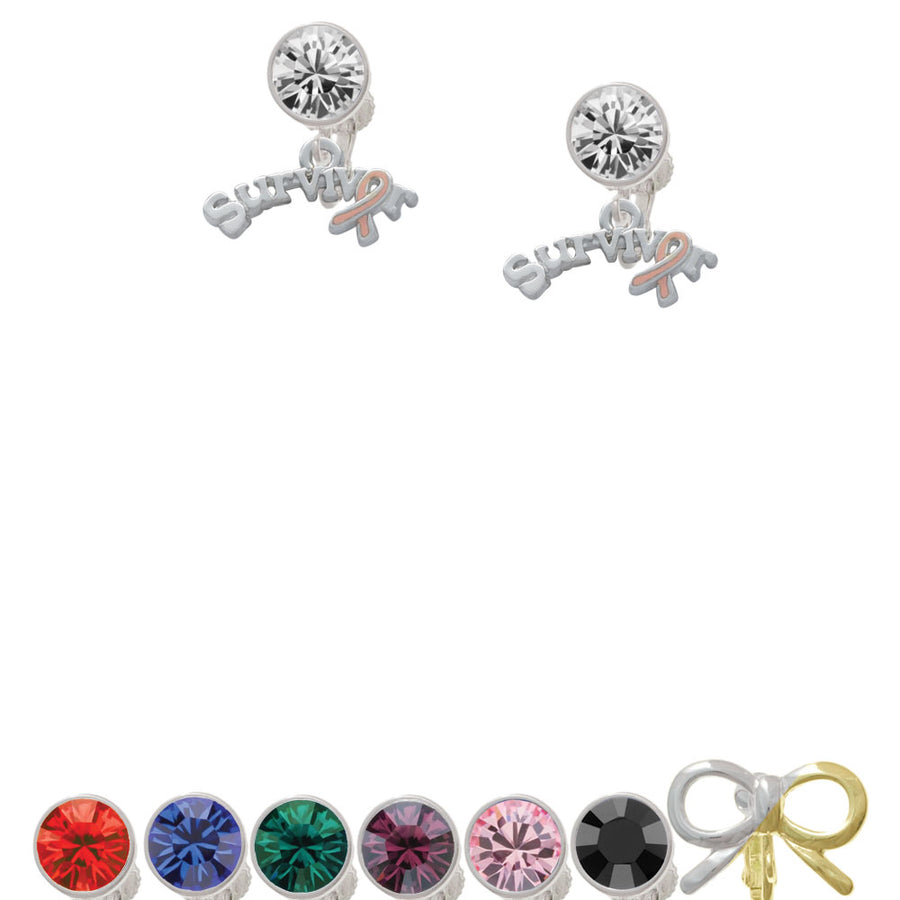 Survivor with Pink Ribbon Crystal Clip On Earrings Image 1