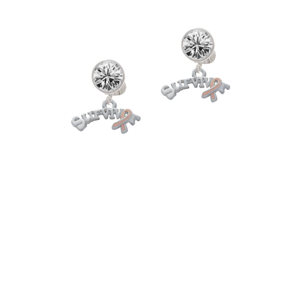 Survivor with Pink Ribbon Crystal Clip On Earrings Image 1