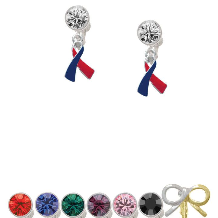 Red and Blue Awareness Ribbon Crystal Clip On Earrings Image 1