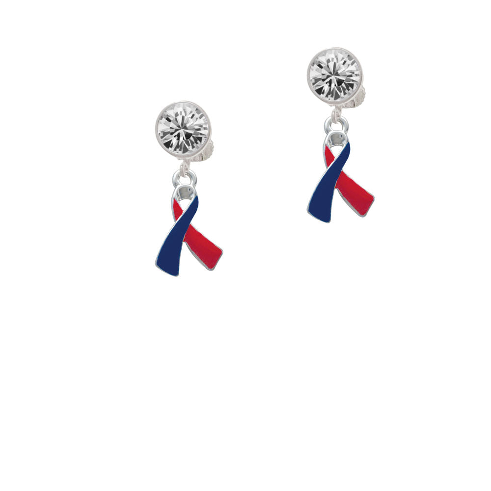 Red and Blue Awareness Ribbon Crystal Clip On Earrings Image 2