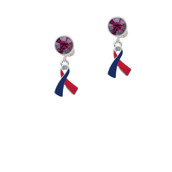 Red and Blue Awareness Ribbon Crystal Clip On Earrings Image 1