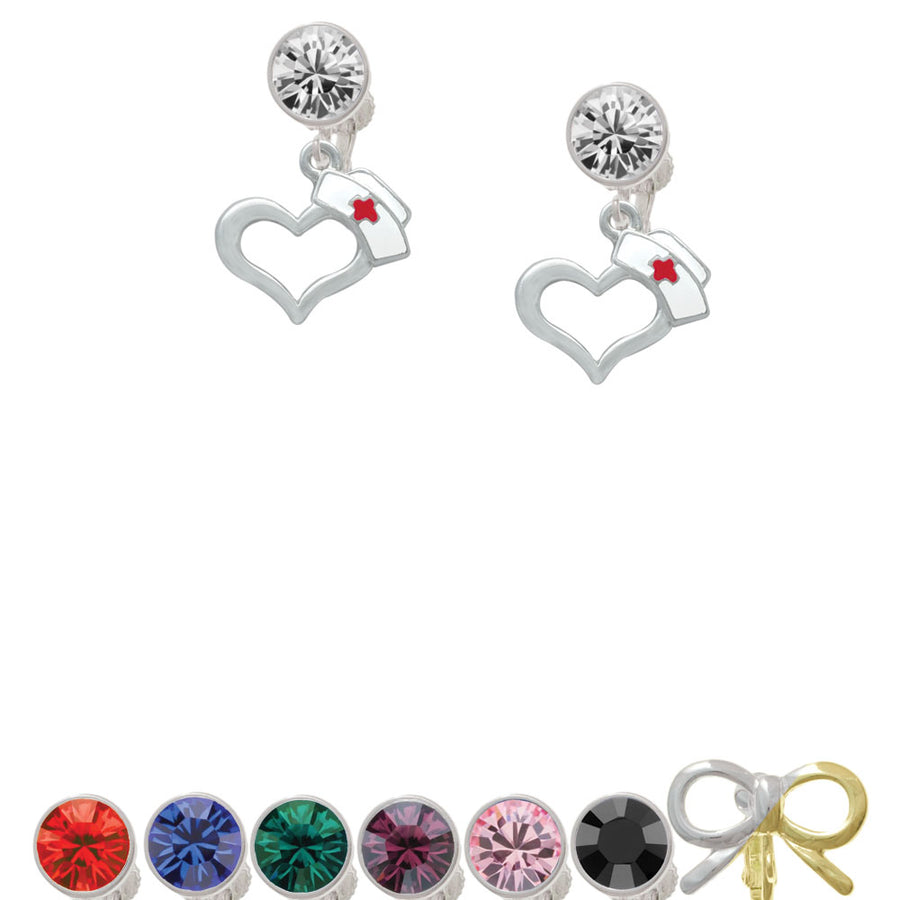 Open Heart with Nurse Hat Crystal Clip On Earrings Image 1