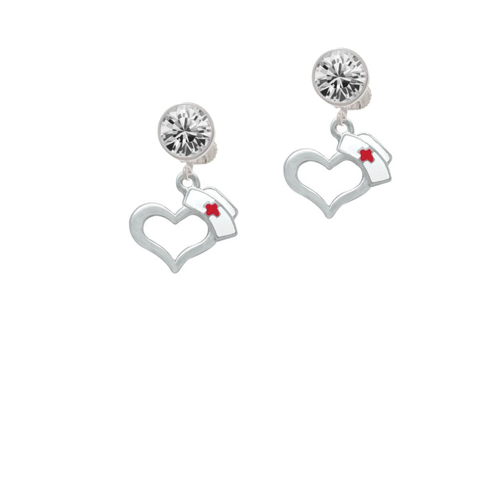 Open Heart with Nurse Hat Crystal Clip On Earrings Image 2