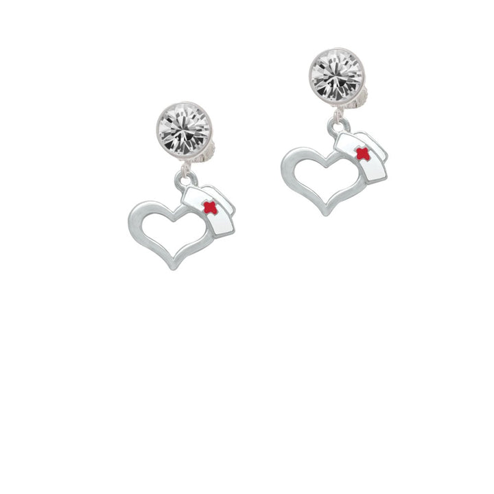 Open Heart with Nurse Hat Crystal Clip On Earrings Image 1