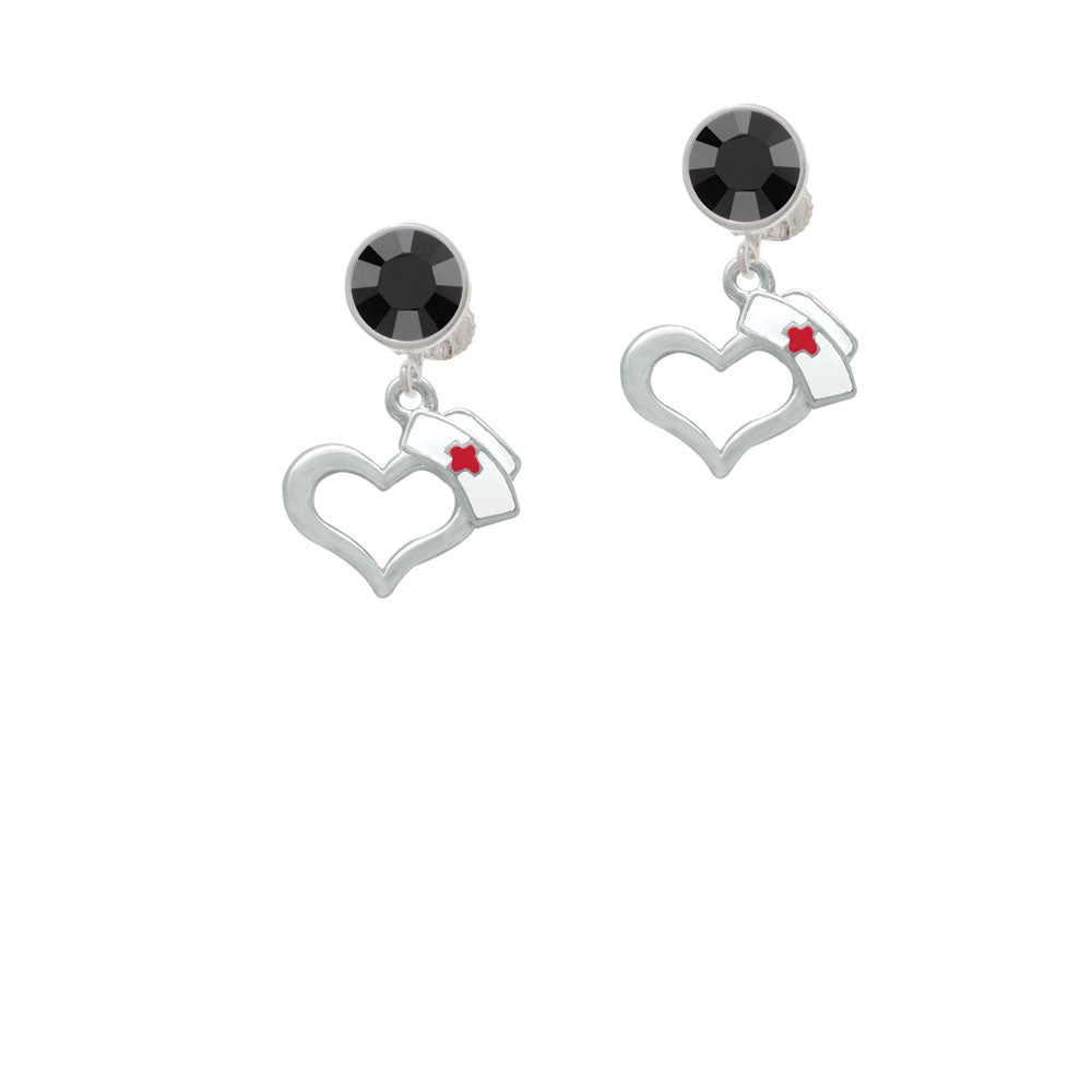 Open Heart with Nurse Hat Crystal Clip On Earrings Image 3