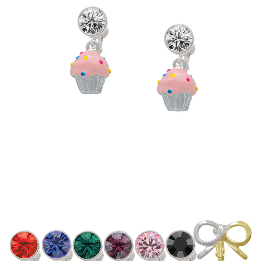 3-D Pink Cupcake with Sprinkles Crystal Clip On Earrings Image 1