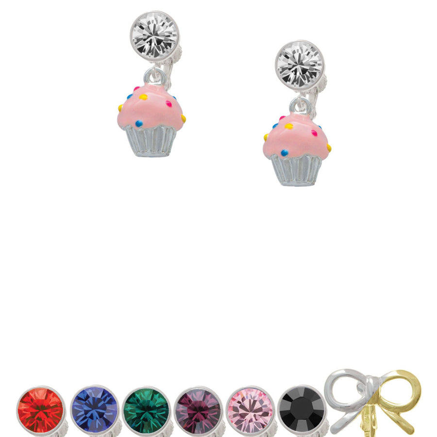 3-D Pink Cupcake with Sprinkles Crystal Clip On Earrings Image 1