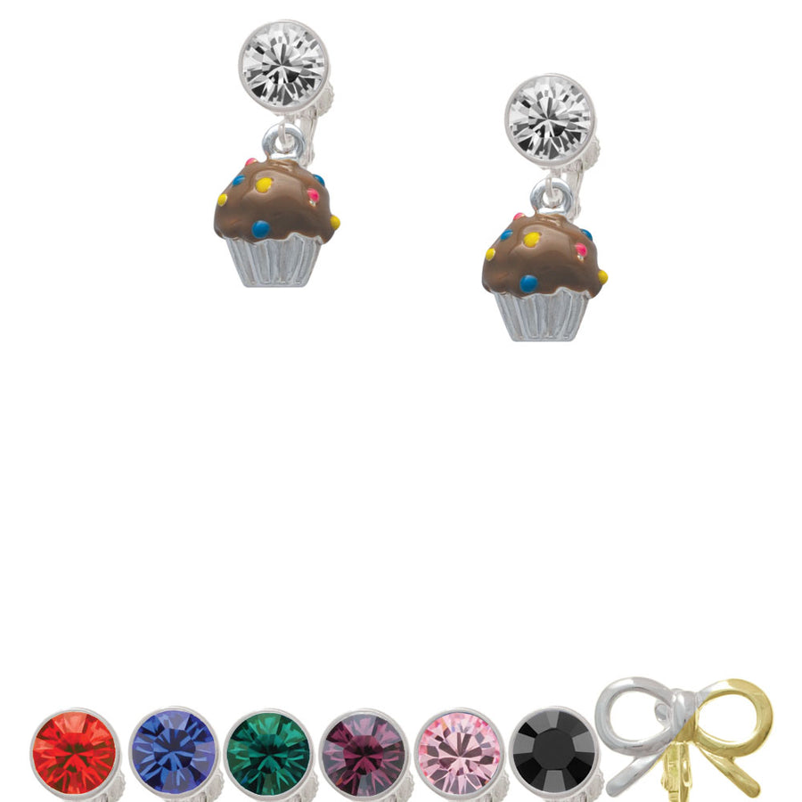 3-D Brown Cupcake with Sprinkles Crystal Clip On Earrings Image 1