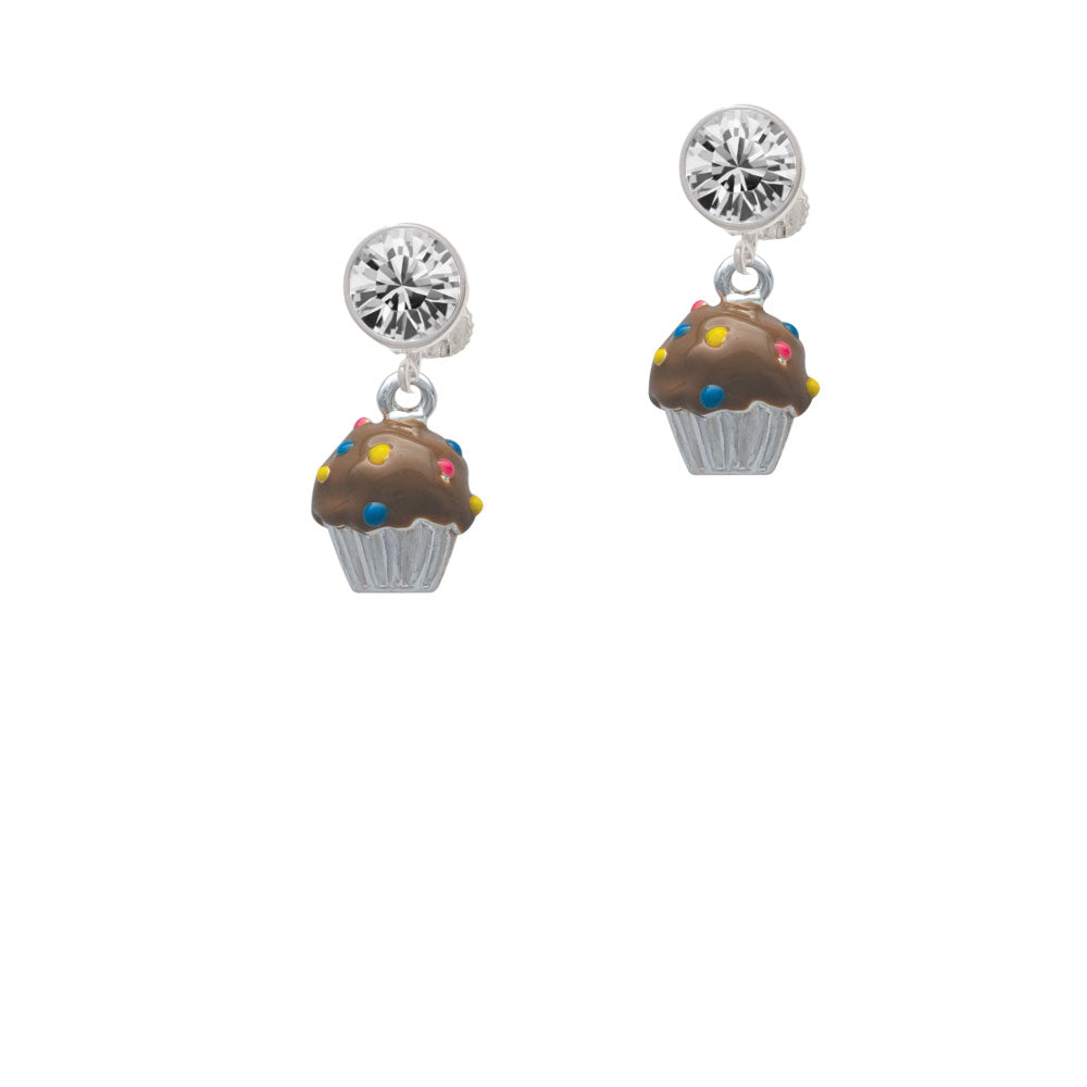 3-D Brown Cupcake with Sprinkles Crystal Clip On Earrings Image 2