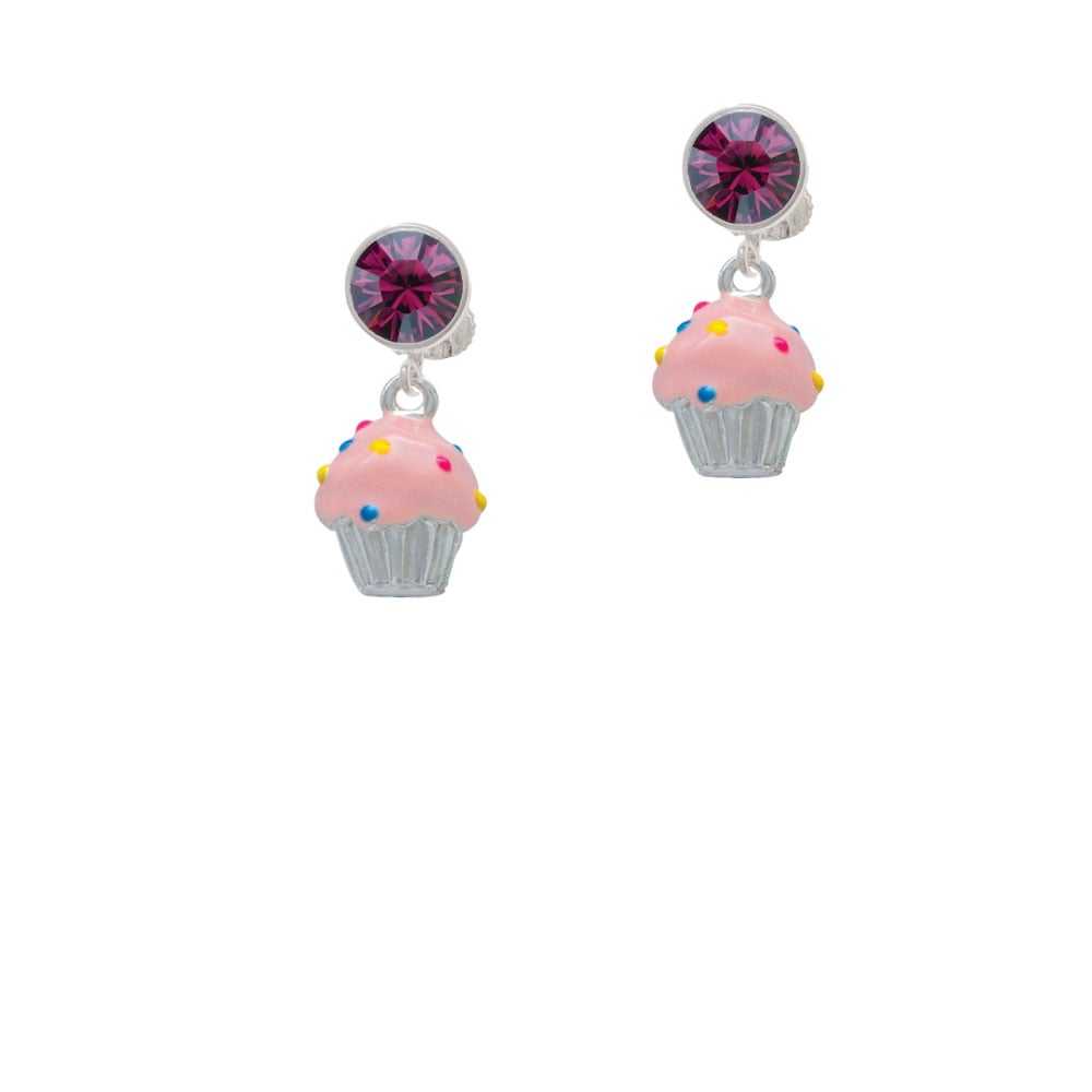 3-D Pink Cupcake with Sprinkles Crystal Clip On Earrings Image 1