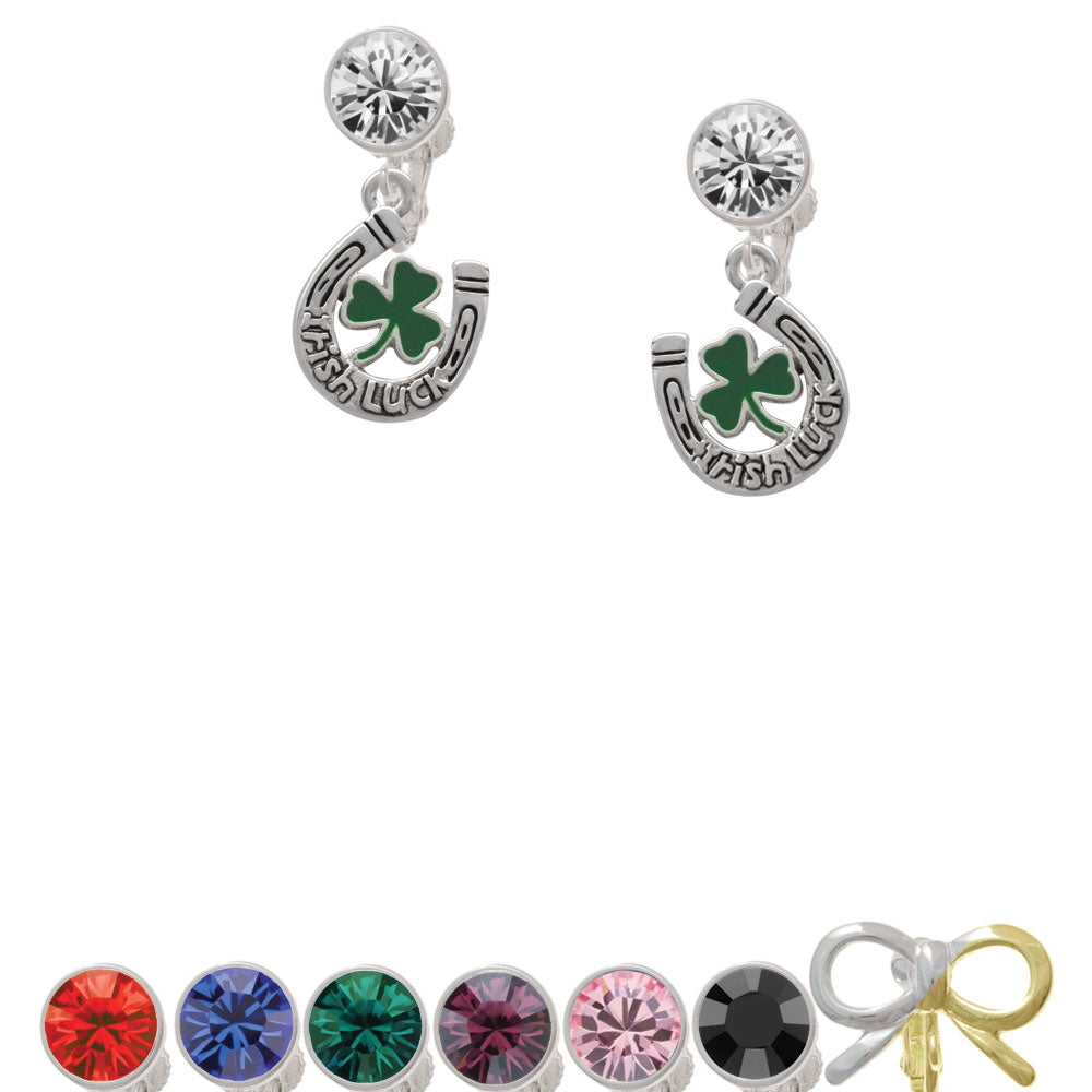 Irish Luck Horseshoe with Shamrock Crystal Clip On Earrings Image 1