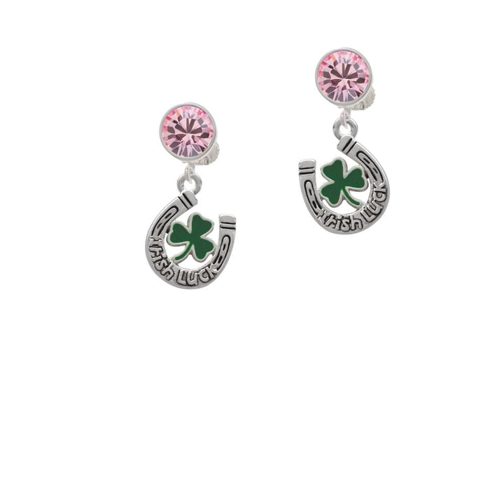 Irish Luck Horseshoe with Shamrock Crystal Clip On Earrings Image 1