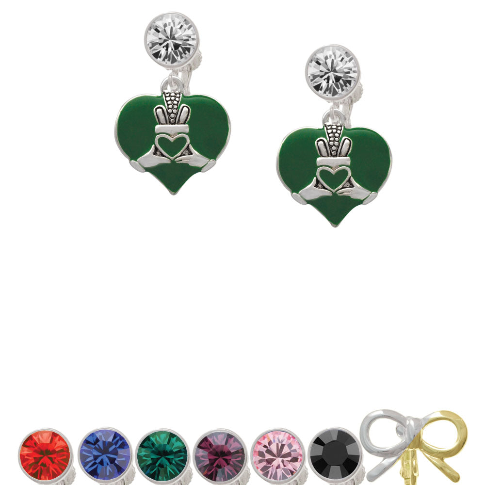 Large 2-D Claddagh on Green Heart Crystal Clip On Earrings Image 1