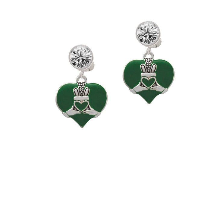 Large 2-D Claddagh on Green Heart Crystal Clip On Earrings Image 2