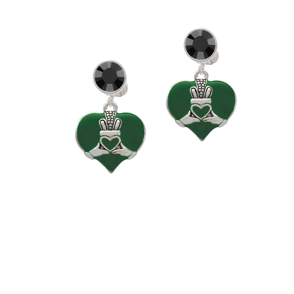 Large 2-D Claddagh on Green Heart Crystal Clip On Earrings Image 3