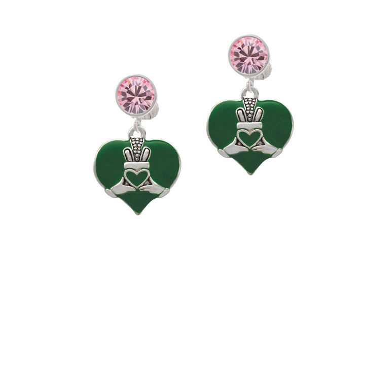 Large 2-D Claddagh on Green Heart Crystal Clip On Earrings Image 4