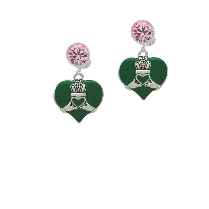 Large 2-D Claddagh on Green Heart Crystal Clip On Earrings Image 1