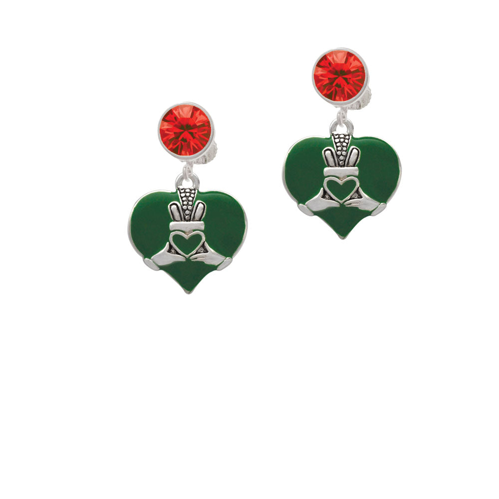 Large 2-D Claddagh on Green Heart Crystal Clip On Earrings Image 4