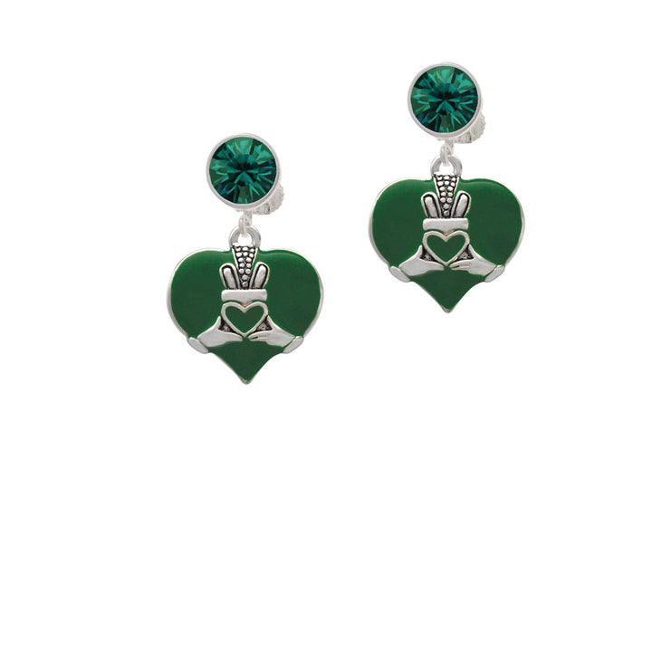 Large 2-D Claddagh on Green Heart Crystal Clip On Earrings Image 6