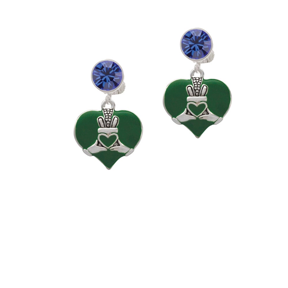 Large 2-D Claddagh on Green Heart Crystal Clip On Earrings Image 7