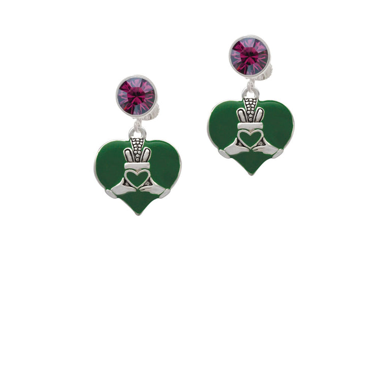 Large 2-D Claddagh on Green Heart Crystal Clip On Earrings Image 8