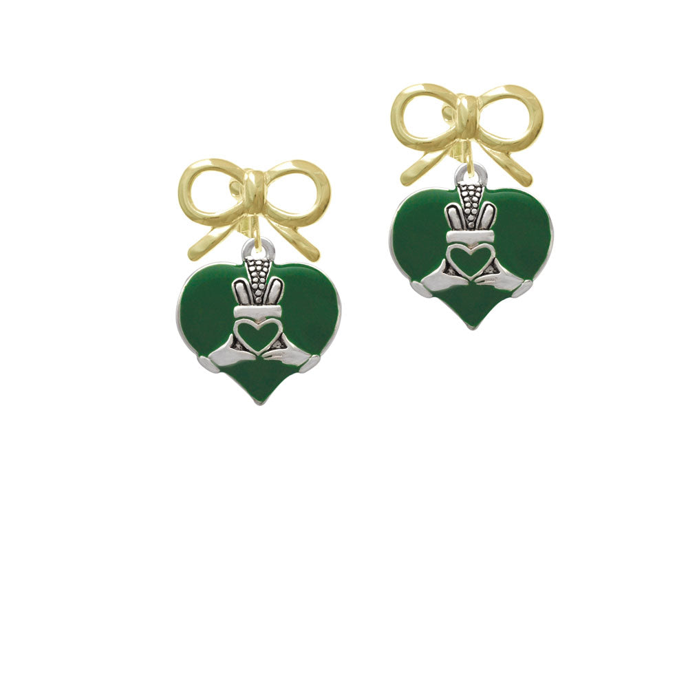 Large 2-D Claddagh on Green Heart Crystal Clip On Earrings Image 10