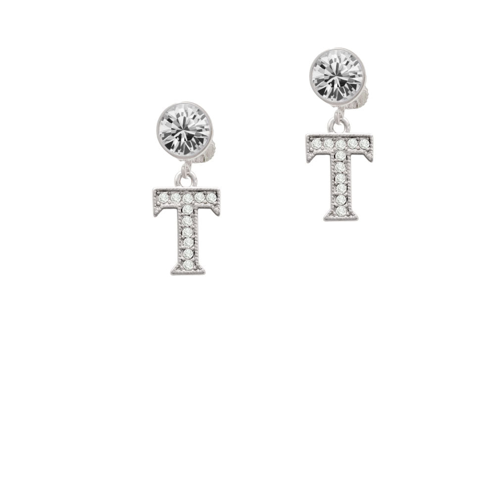 Crystal Initial - T - Beaded Border - Crystal Clip On Earrings Image 2