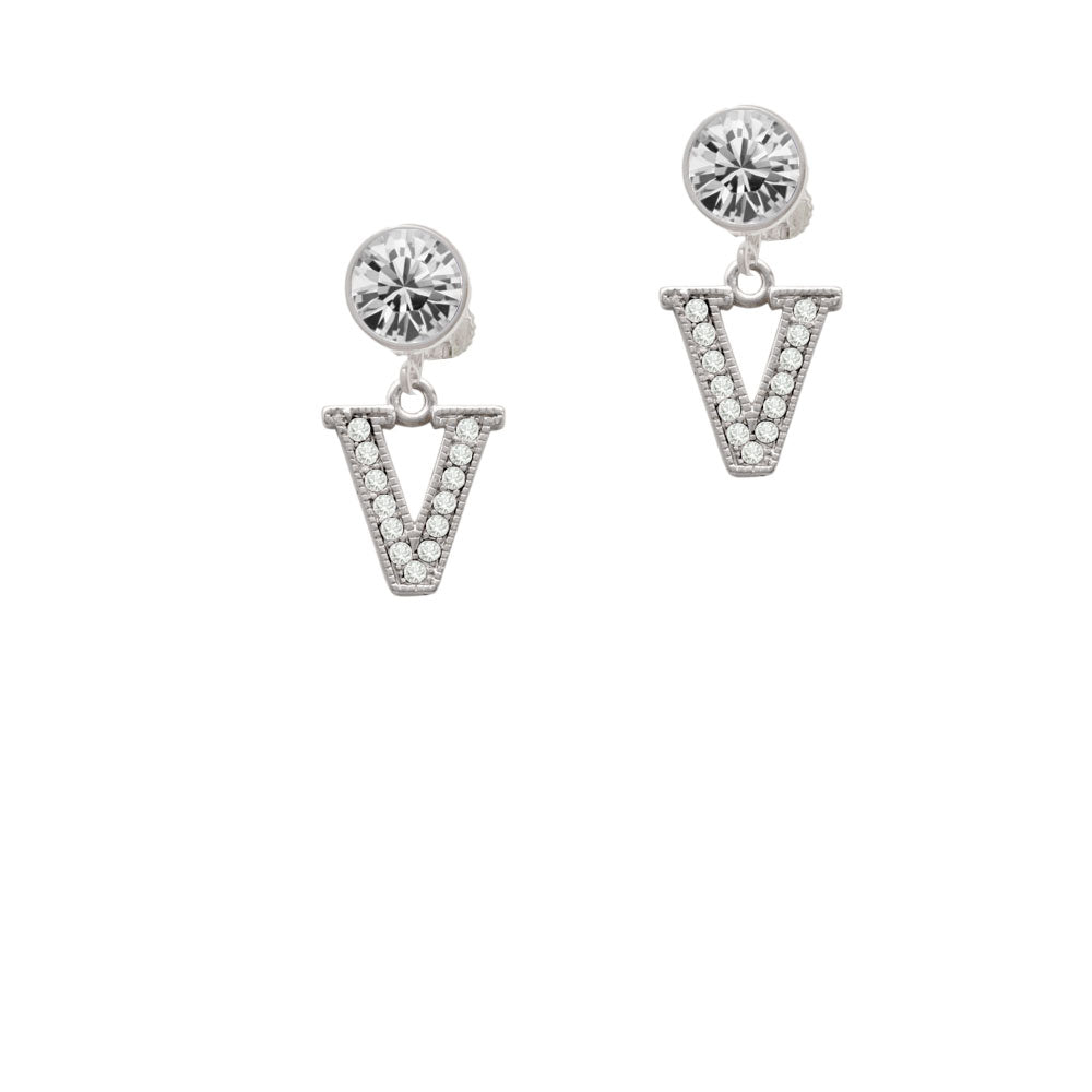 Crystal Initial - V - Beaded Border - Crystal Clip On Earrings Image 2