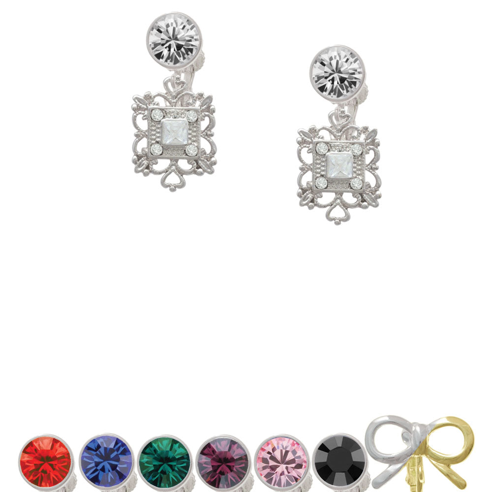 Square AB Crystal with Filigree Crystal Clip On Earrings Image 1