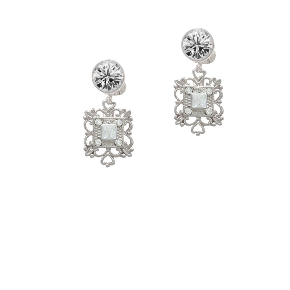 Square AB Crystal with Filigree Crystal Clip On Earrings Image 2