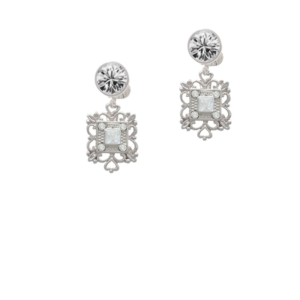 Square AB Crystal with Filigree Crystal Clip On Earrings Image 1