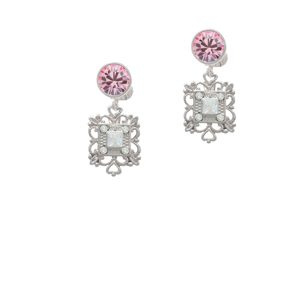 Square AB Crystal with Filigree Crystal Clip On Earrings Image 4