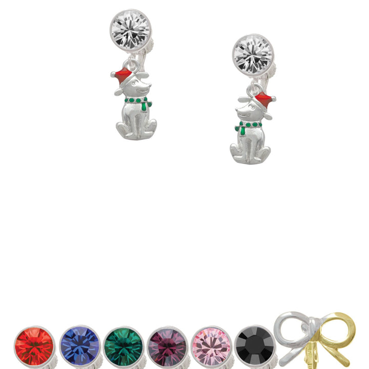 2-D Christmas Dog with Red Hat Crystal Clip On Earrings Image 1