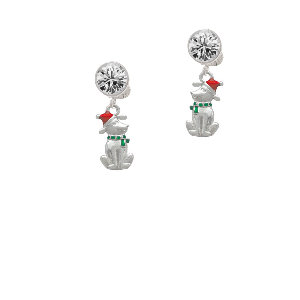 2-D Christmas Dog with Red Hat Crystal Clip On Earrings Image 2