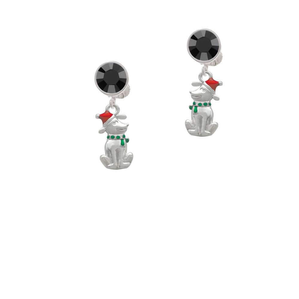 2-D Christmas Dog with Red Hat Crystal Clip On Earrings Image 3