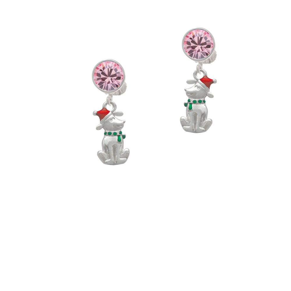 2-D Christmas Dog with Red Hat Crystal Clip On Earrings Image 4