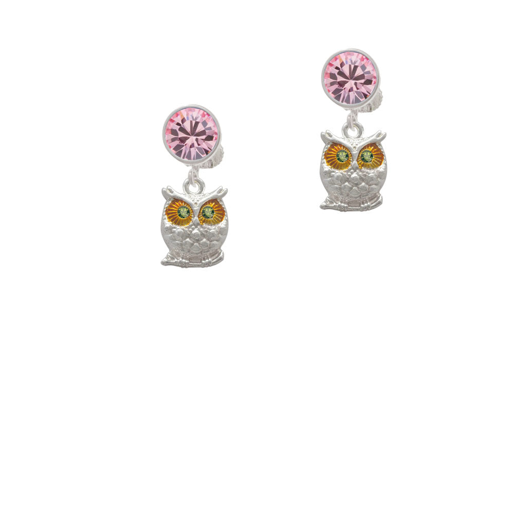 Owl with Lime Green Crystal Eyes Crystal Clip On Earrings Image 4