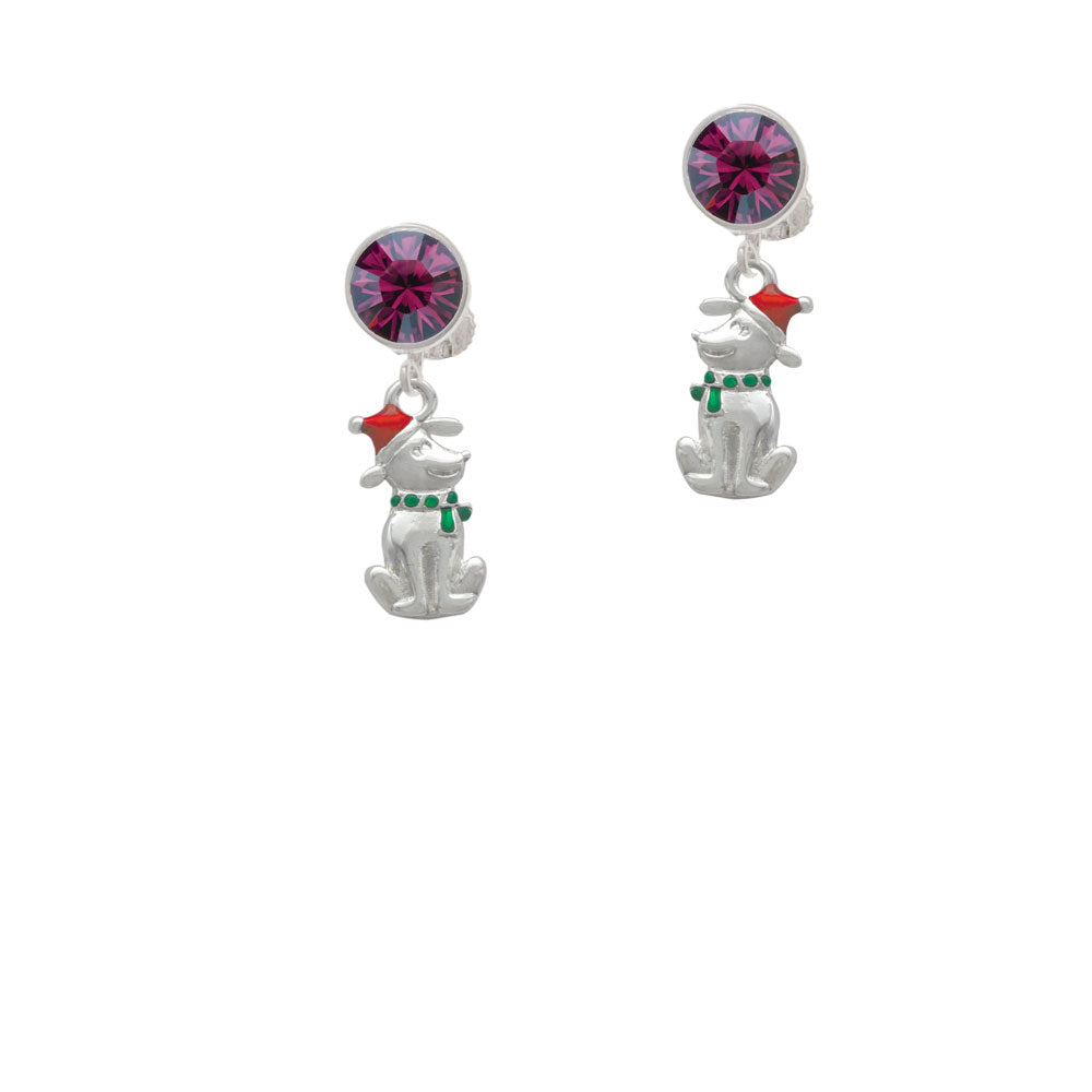 2-D Christmas Dog with Red Hat Crystal Clip On Earrings Image 8