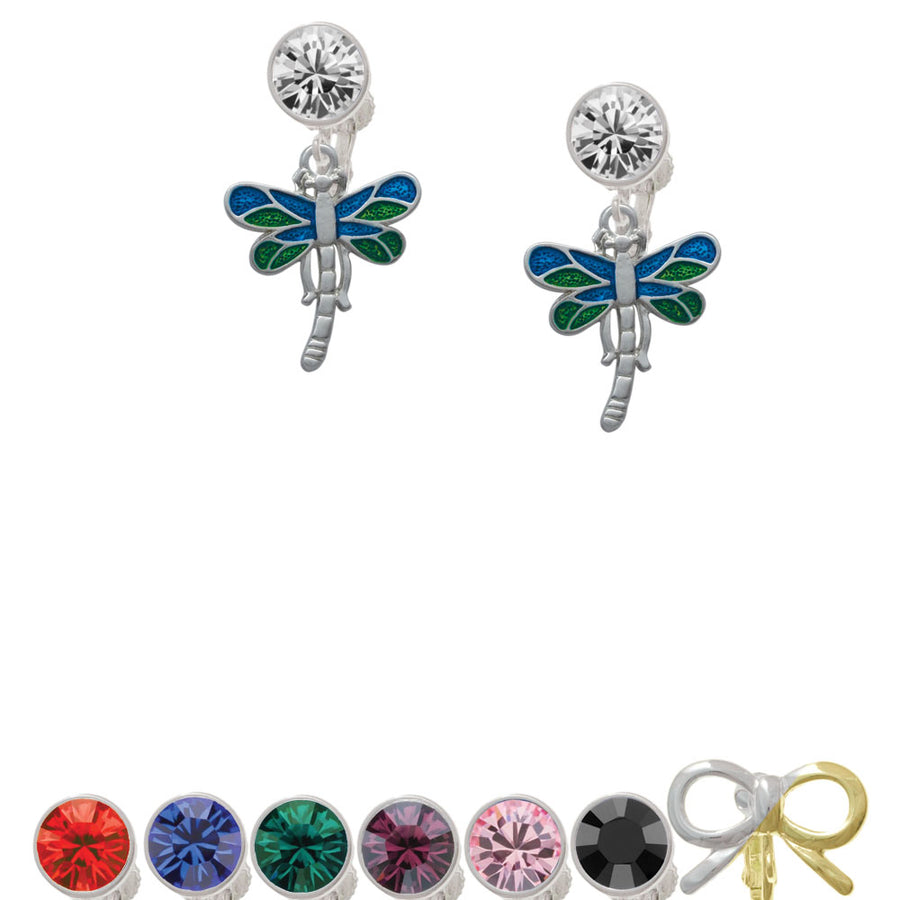 Dragonfly with Green and Blue Wings Crystal Clip On Earrings Image 1