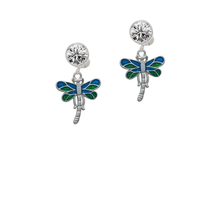 Dragonfly with Green and Blue Wings Crystal Clip On Earrings Image 2