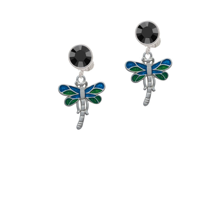 Dragonfly with Green and Blue Wings Crystal Clip On Earrings Image 3