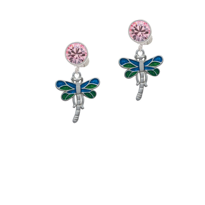 Dragonfly with Green and Blue Wings Crystal Clip On Earrings Image 4