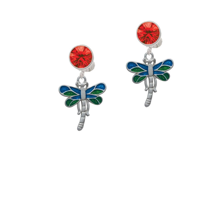 Dragonfly with Green and Blue Wings Crystal Clip On Earrings Image 4