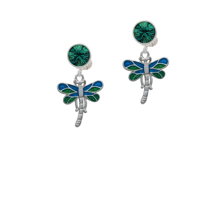 Dragonfly with Green and Blue Wings Crystal Clip On Earrings Image 6