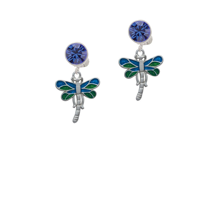 Dragonfly with Green and Blue Wings Crystal Clip On Earrings Image 7