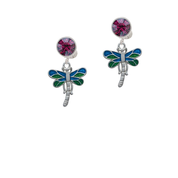 Dragonfly with Green and Blue Wings Crystal Clip On Earrings Image 8